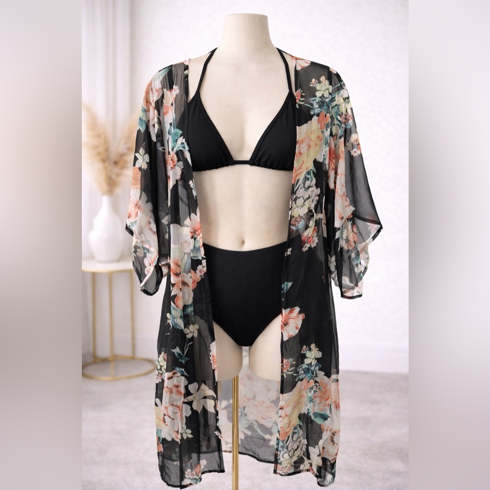 Band of Gypsies Black Floral Sheer Kimono Cover-Up S